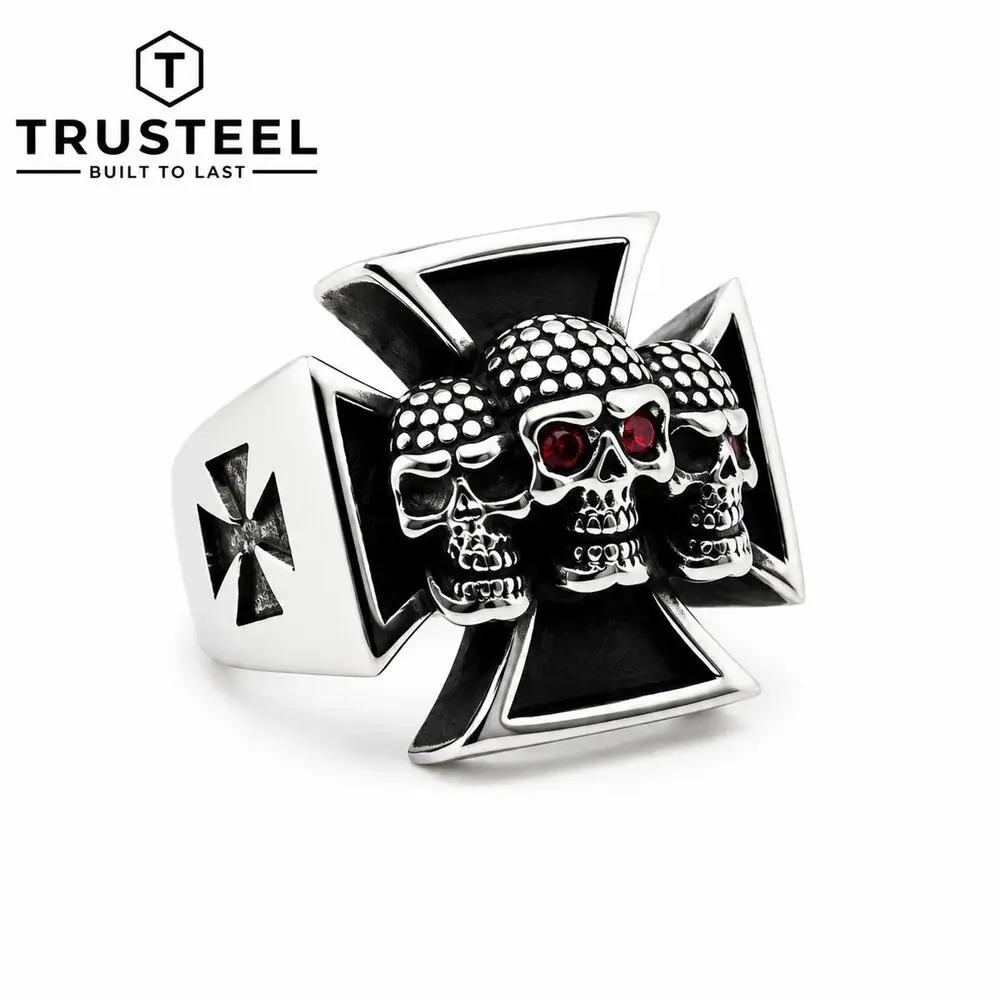 Men’s Stainless Steel Iron Cross Skull Ring Red CZ Gothic Biker Punk Size 12